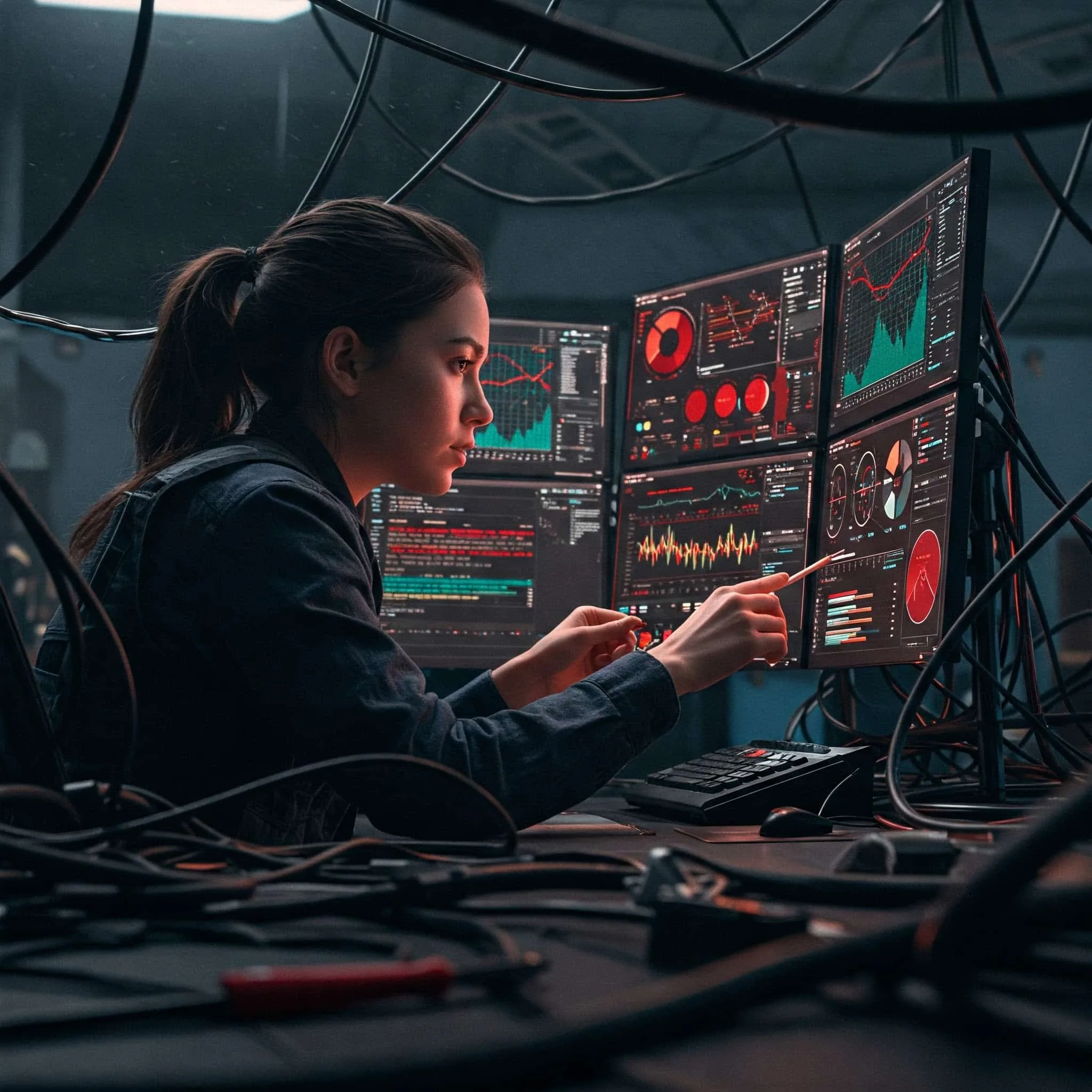 Security engineer looking at complex system dashboard with overlay of tangled wires and tools.