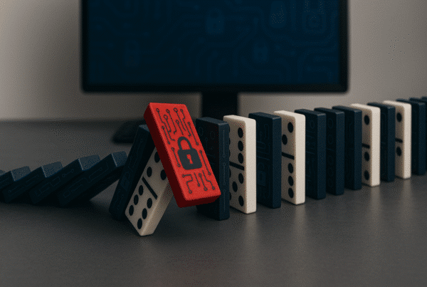 A row of dominoes in navy blue and white falls across a desk, each piece engraved with subtle cybersecurity symbols like circuit lines and lock icons. The sequence halts at a red domino featuring a bold lock symbol, leaning but not yet toppled. In the background, a blurred computer monitor displays a blue interface with faint circuit patterns, reinforcing the digital security theme.