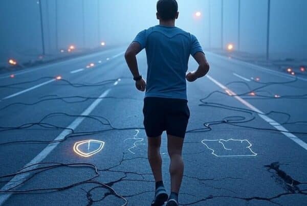 A lone runner paused at a fork in the road. One path is cracked, tangled with wires, flickering hazard lights, and digital static. The other path is smooth, illuminated by soft light, with subtle circuit patterns embedded in the pavement. The runner is seen from behind, wearing modern running gear and a digital watch, standing still in a moment of decision. The environment is lightly foggy with a subtle tech ambiance.
