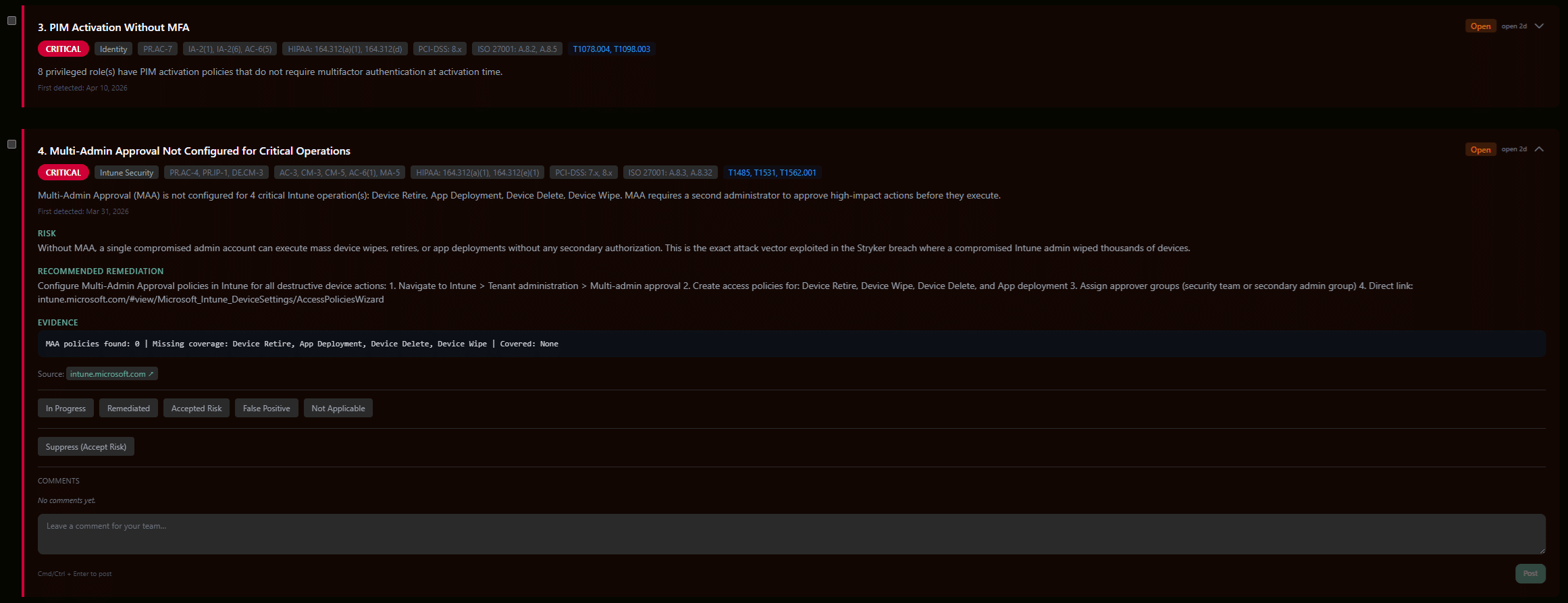 Prioritized risk findings with account, policy, and control surface details