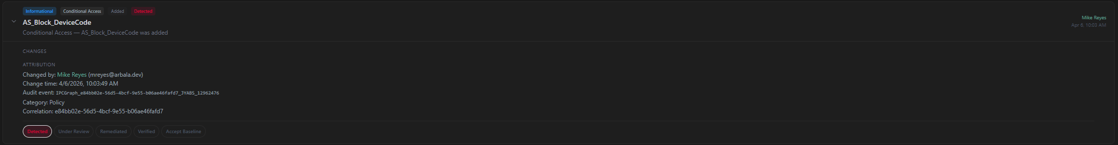 Configuration drift timeline with before-and-after values and change attribution