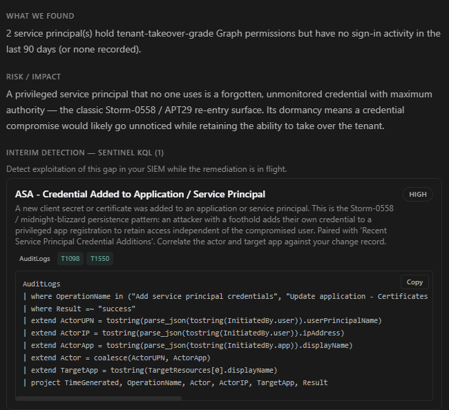 Compensating detection rule paired with a posture finding. Deploy to Sentinel.