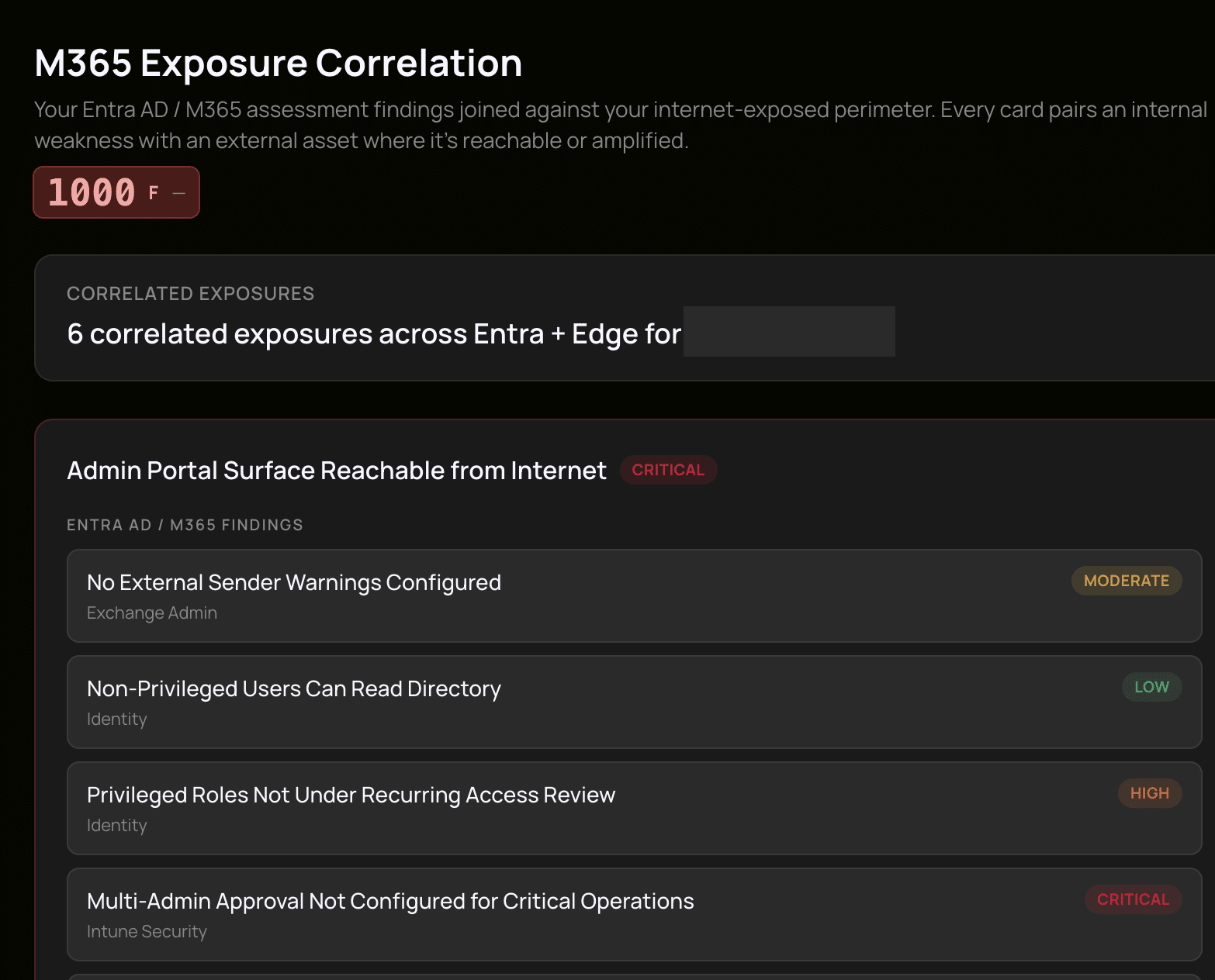 External finding tied to internal tenant posture. Outside exposure mapped to inside settings.